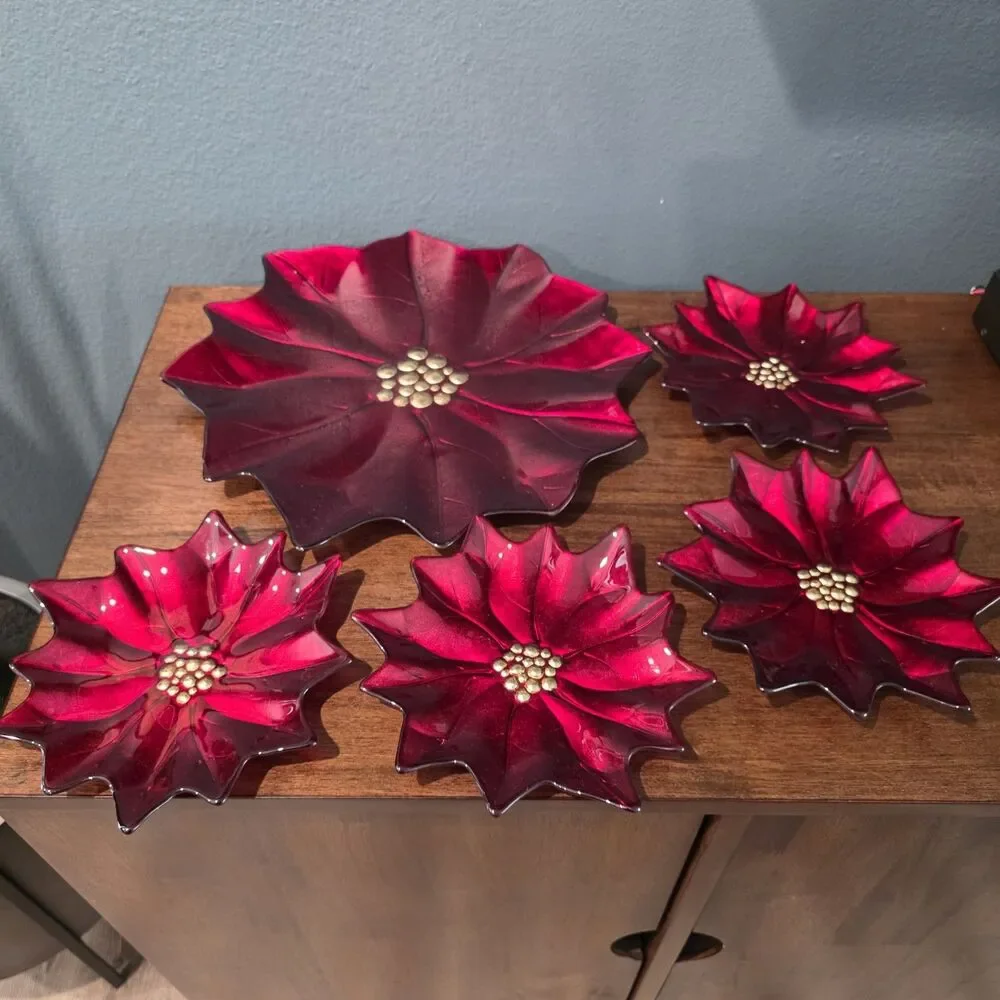 Set of 5 Pier 1 Imports Glass Poinsettia Dessert Salad Plates 8